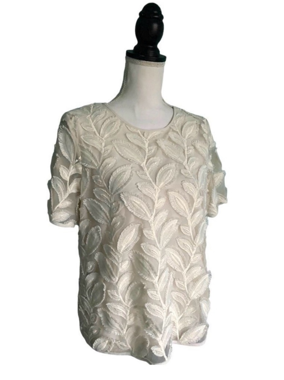 Ann Taylor Factory Cream Leaf-Embroidered Short Sleeve Top